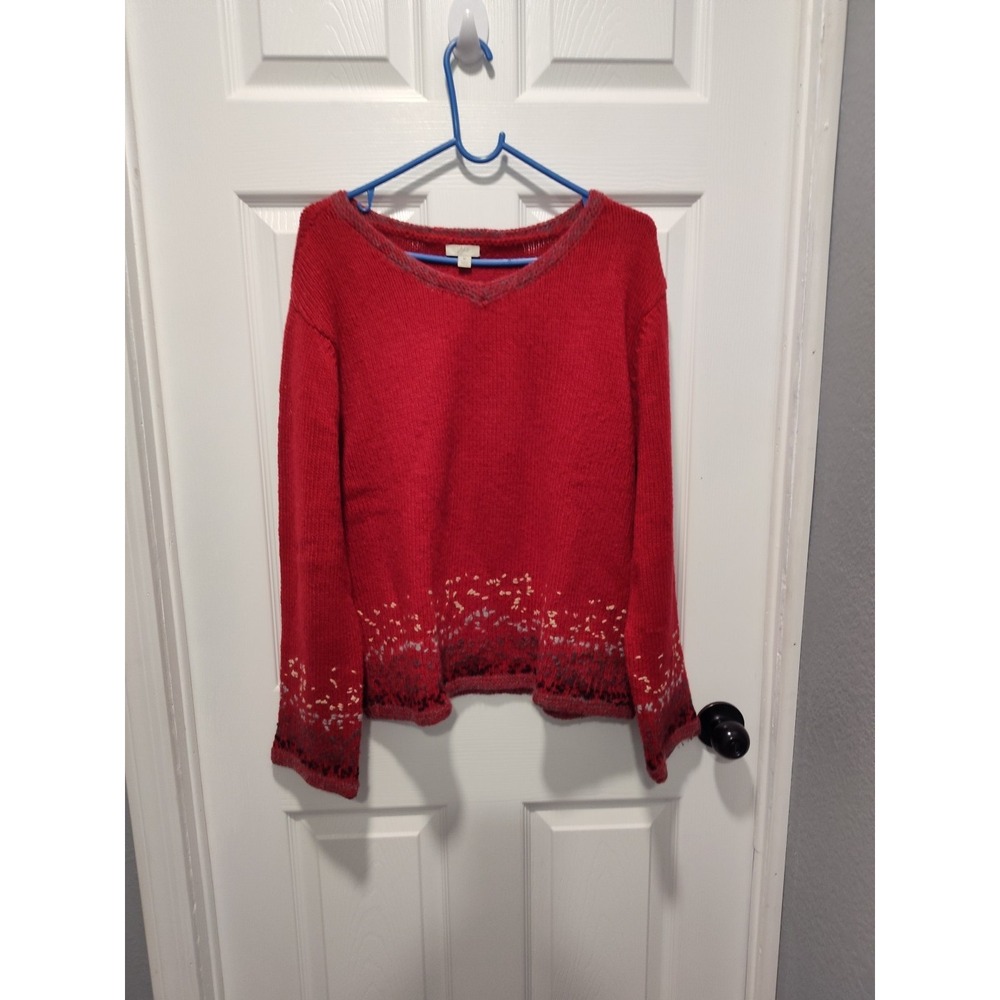 J Jill Sweater Red Gray V-Neck Embroidered Linen Lambswool Mohair size Medium - Picture 9 of 11